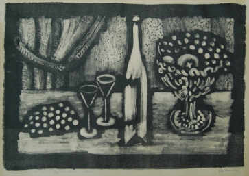 Natiurmortas su vyno buteliu ir vaisiais, litografija, 1958, 39x54cm