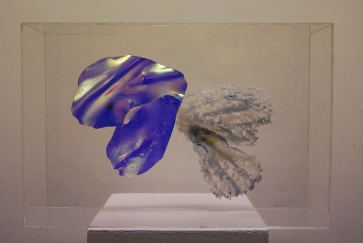 Metafora. Ne drugiai – vėjo gūsiai į liepsną plazdena jausmai viduje (A.Zet), 2015, stiklas Bullseye, plexiglas, žalvaris, h34x14x51cm, 1/1 vnt