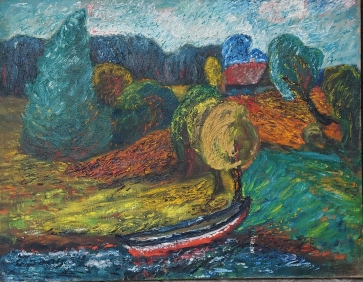 Peizažas su valtimi, 1959, drobė, aliejus, 69,5x92,5 cm