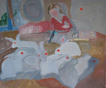 Autoportretas su triušiais, 2012, drobė, aliejus, 125x146 cm