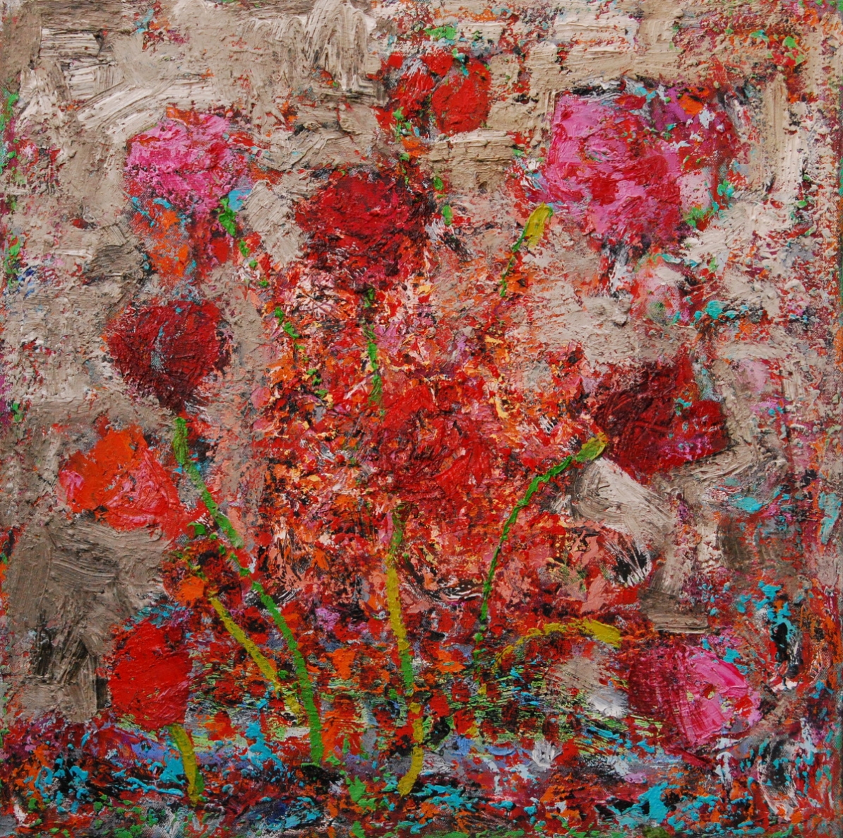 Raudonos gėlės, 2011, drb., al., 60x60cm