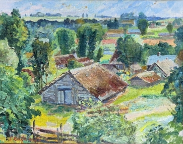 Anykščių pakraštys žiūrint nuo A. Baranausko klėtelės, 1957, drobė ant kartono, aliejus, 33x42 cm, rėmas, 38,5x47,5 cm