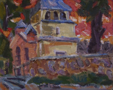 Saulėlydis bažnytkaimyje, 2018, drb., aliejus, 40x50cm