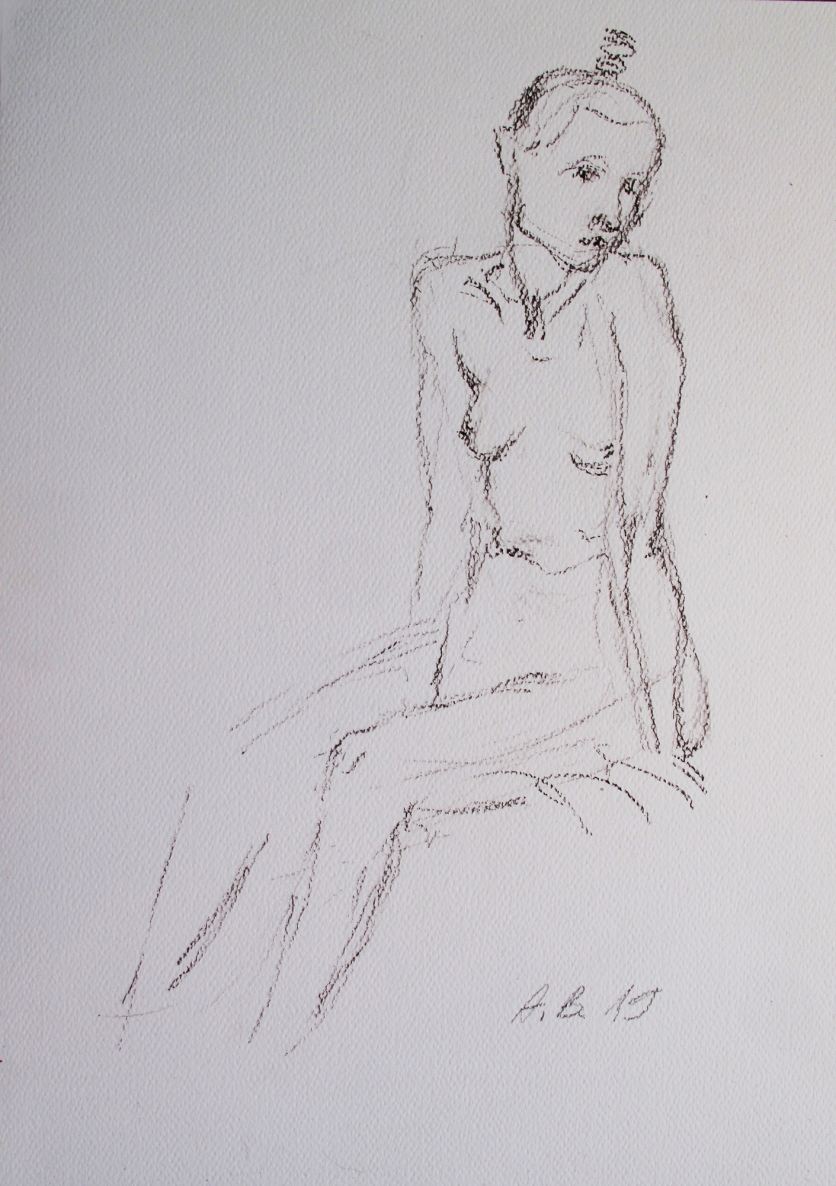 Sėdinti su kuoduku, 2019, popierius, anglis, 40x30cm