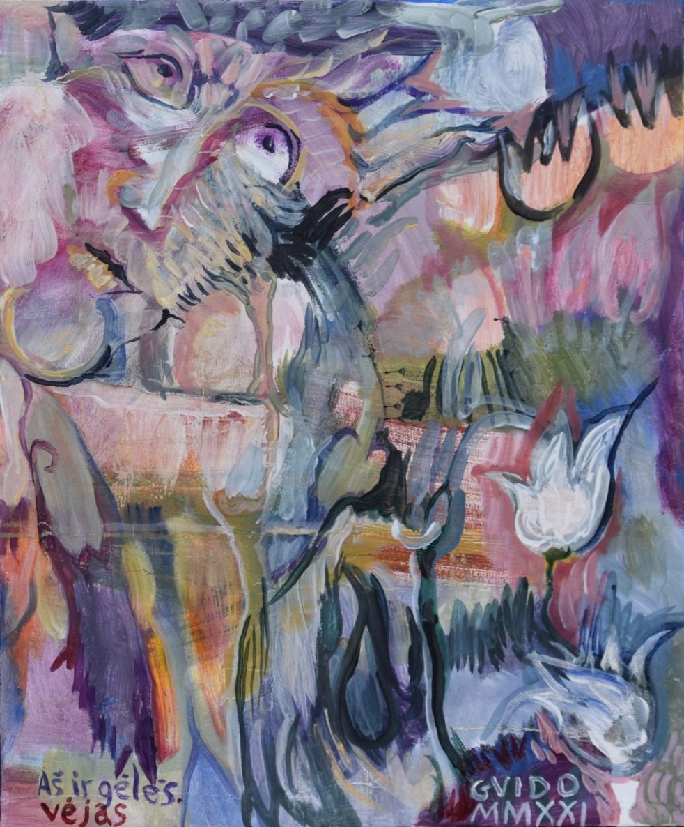 Aš ir gėlės. Vėjas, 2021, drobė, akrilas, aliejus, 60x50 cm 