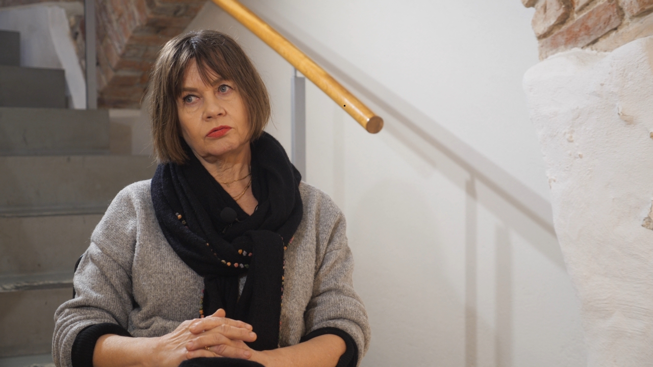 Tapytoja, prof. Aušra Barzdukaitė-Vaitkūnienė. Interviu stop kadras. Filmavo Rolandas Karalius.