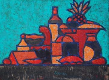 Daiktai žaliame fone, 2012, al., kart., 60x80 cm