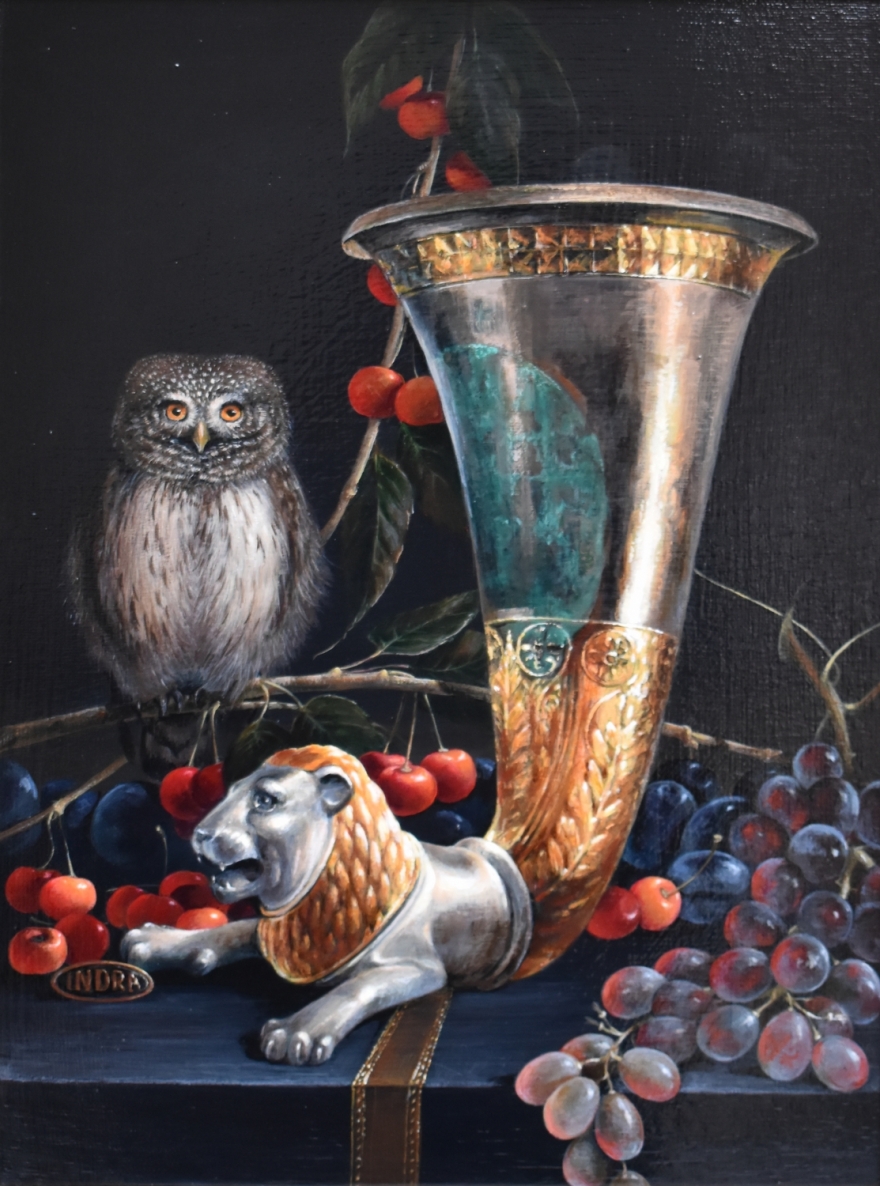 A Large Cup and a Small Owl, 2019, canvas, acrylic, 40x30 cm