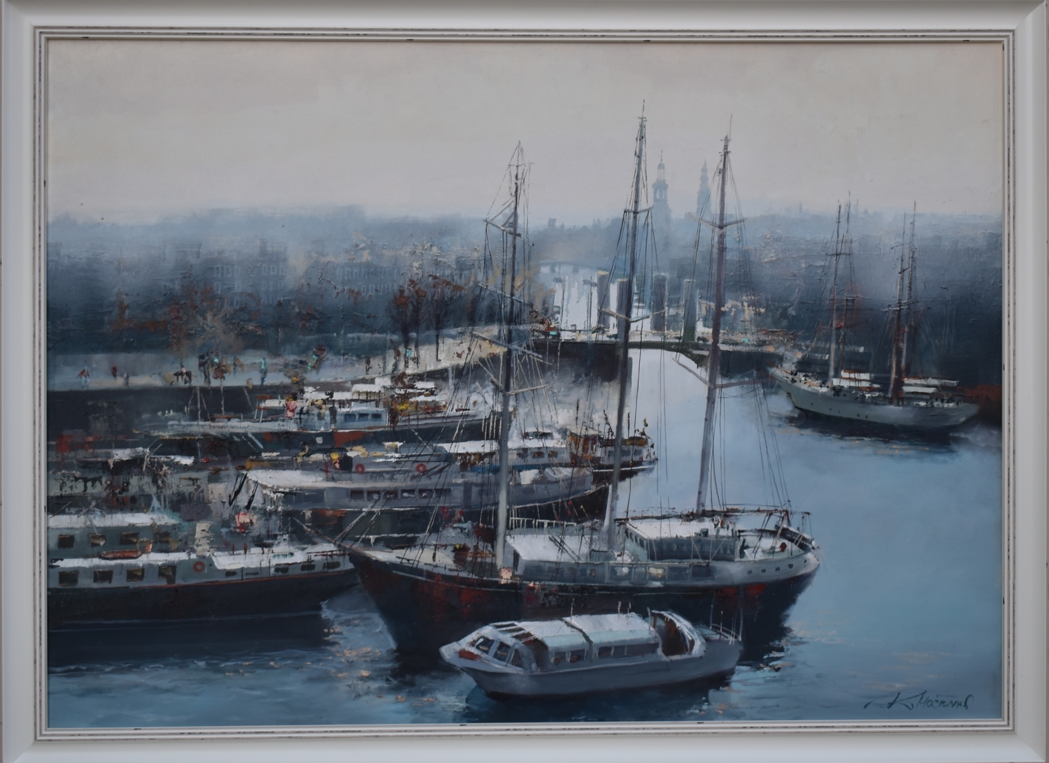 End of the Day in the Port, 2025, oil on canvas, 65x90 cm, frame 43x98 cm