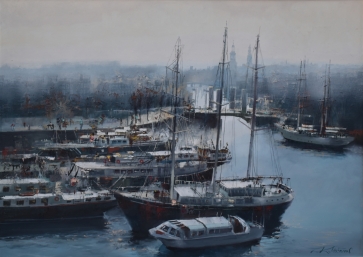 Dienos pabaiga uoste, 2025, drobė, aliejus, 65x90 cm, rėmas 43x98 cm