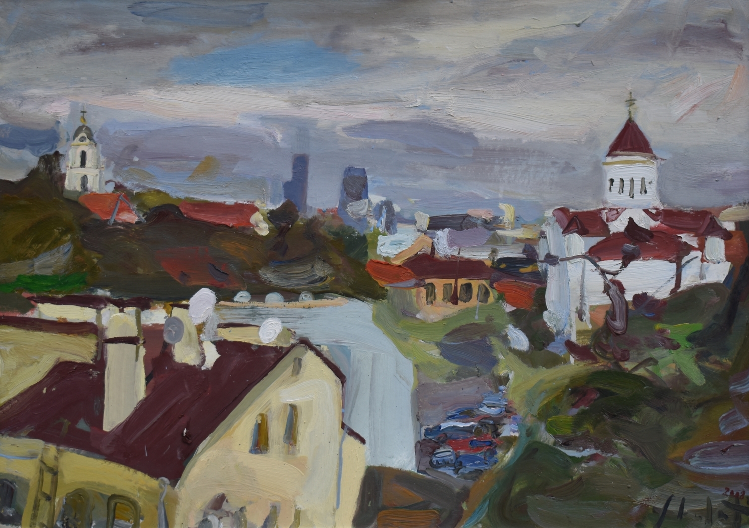 Peizažas su šv. Jonų bažnyčios bokštu, 2008, kartonas, aliejus, 50x70 cm,