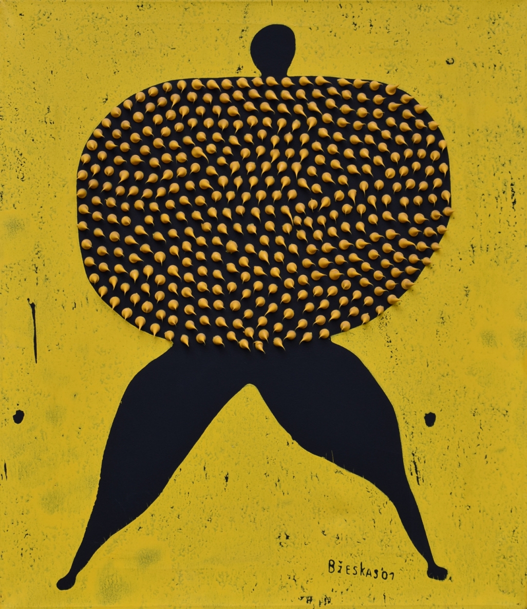 Geltonojo kaktuso salos gynėjas, 2001, drobė, spalvotas medžio raižinys, silikonas, 73x63cm,  3/4