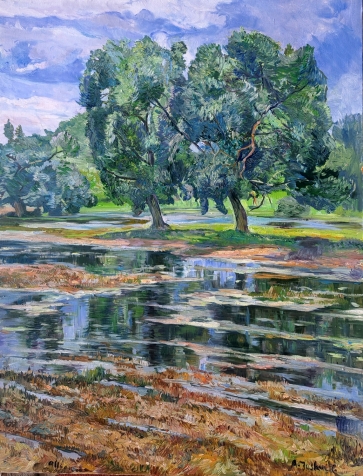 Du medžiai prie patvinusio Lėvens, 2025, drobė, aliejus, 130x100 cm