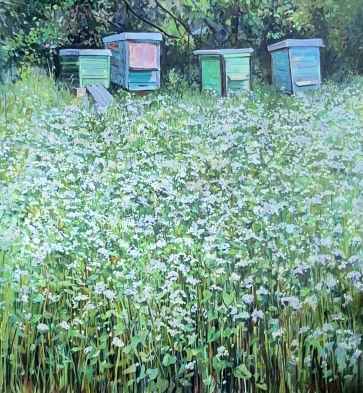 Edge of a Buckwheat Field. Beehives, 2023, oil on canvas, 130x120 cm