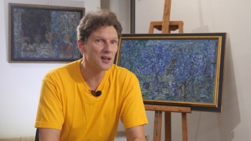 Tapytojas, poetas Gvidas Latakas. Interviu stop kadras. Filmavo Rolandas Karalius.