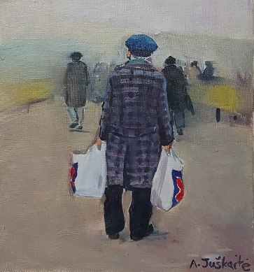 Iš parduotuvės, 2009, drobė, aliejus, 24x22 cm
