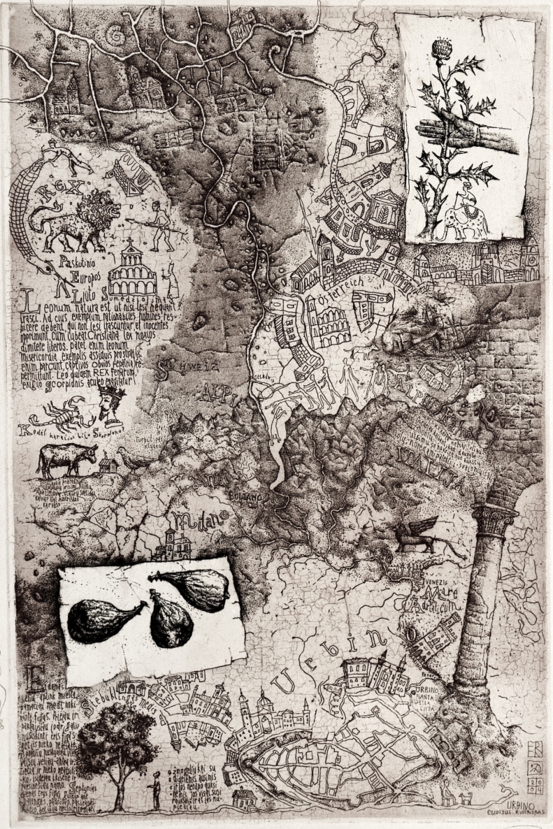Journey from Kaunas to Urbino 2, 2004, etching, 50x32 cm