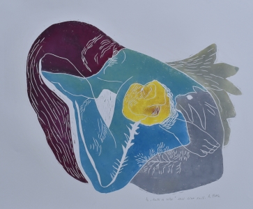 Katė ir rožė, 2021, lino raižinys, 50x60 cm, 3/4