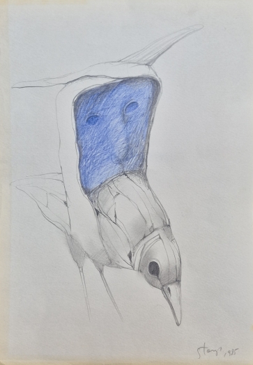 Kaukė-Paukštis, 1985, popierius, spalvoti pieštukai, 29,7x21 cm