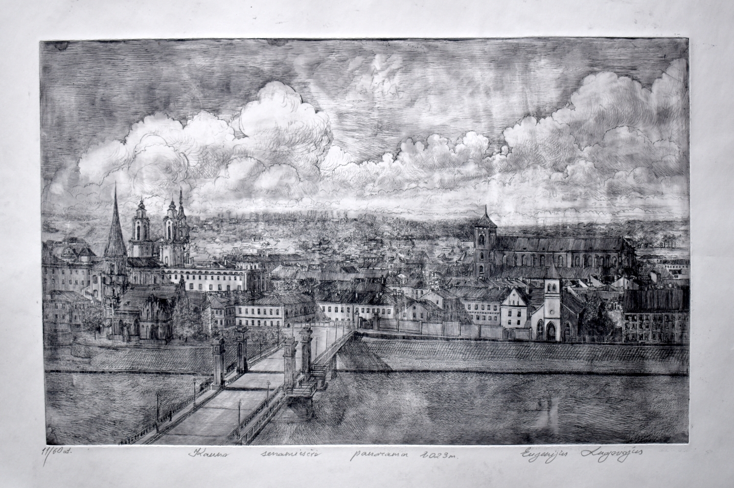 Kauno senamiesčio panorama, 2023, sausa adata, ofortas, 49x64 cm 11/60, rėmas 68x91 cm