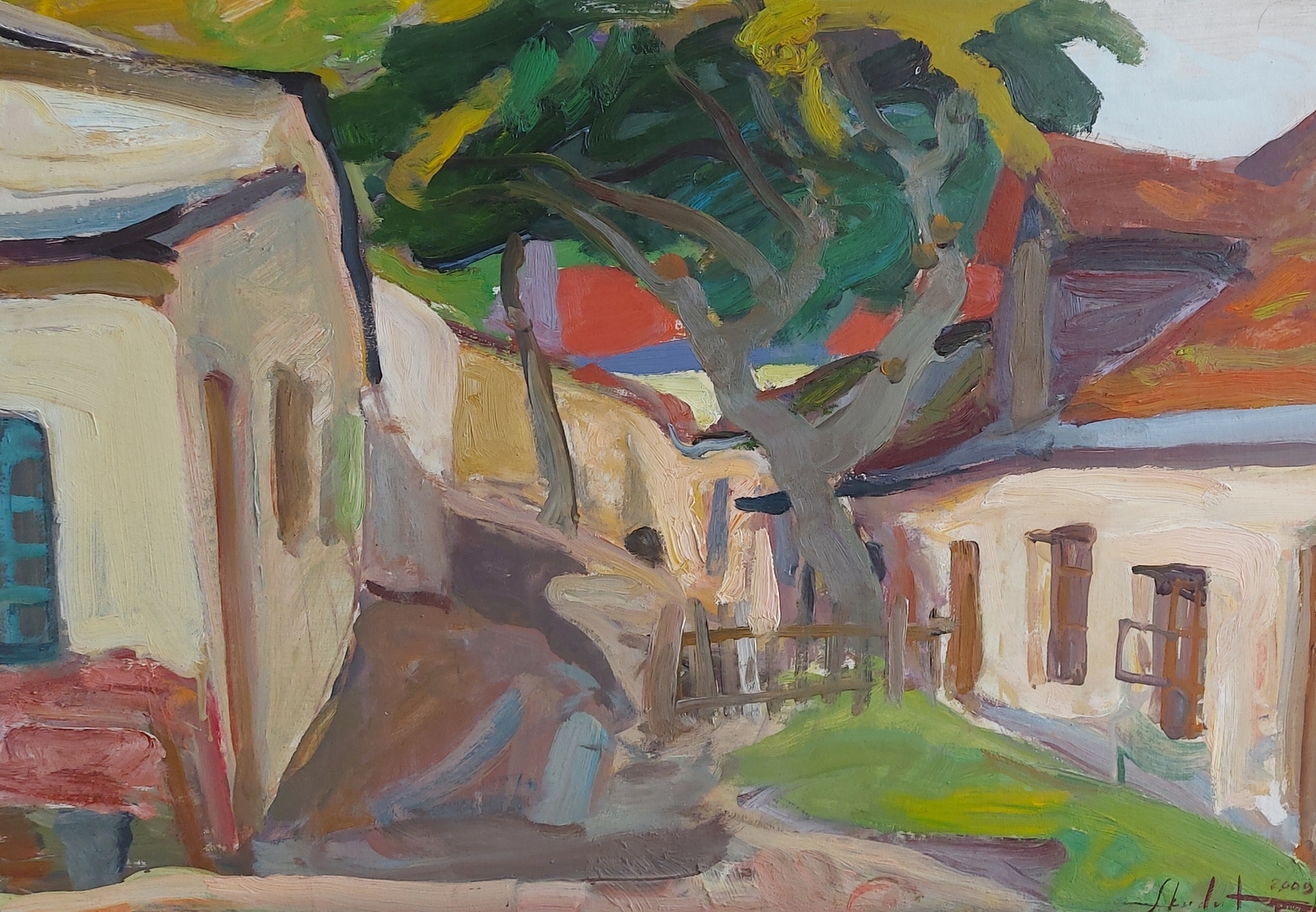 The Yard on Bokšto Street, 2009, cardboard, oil, 47x68 cm