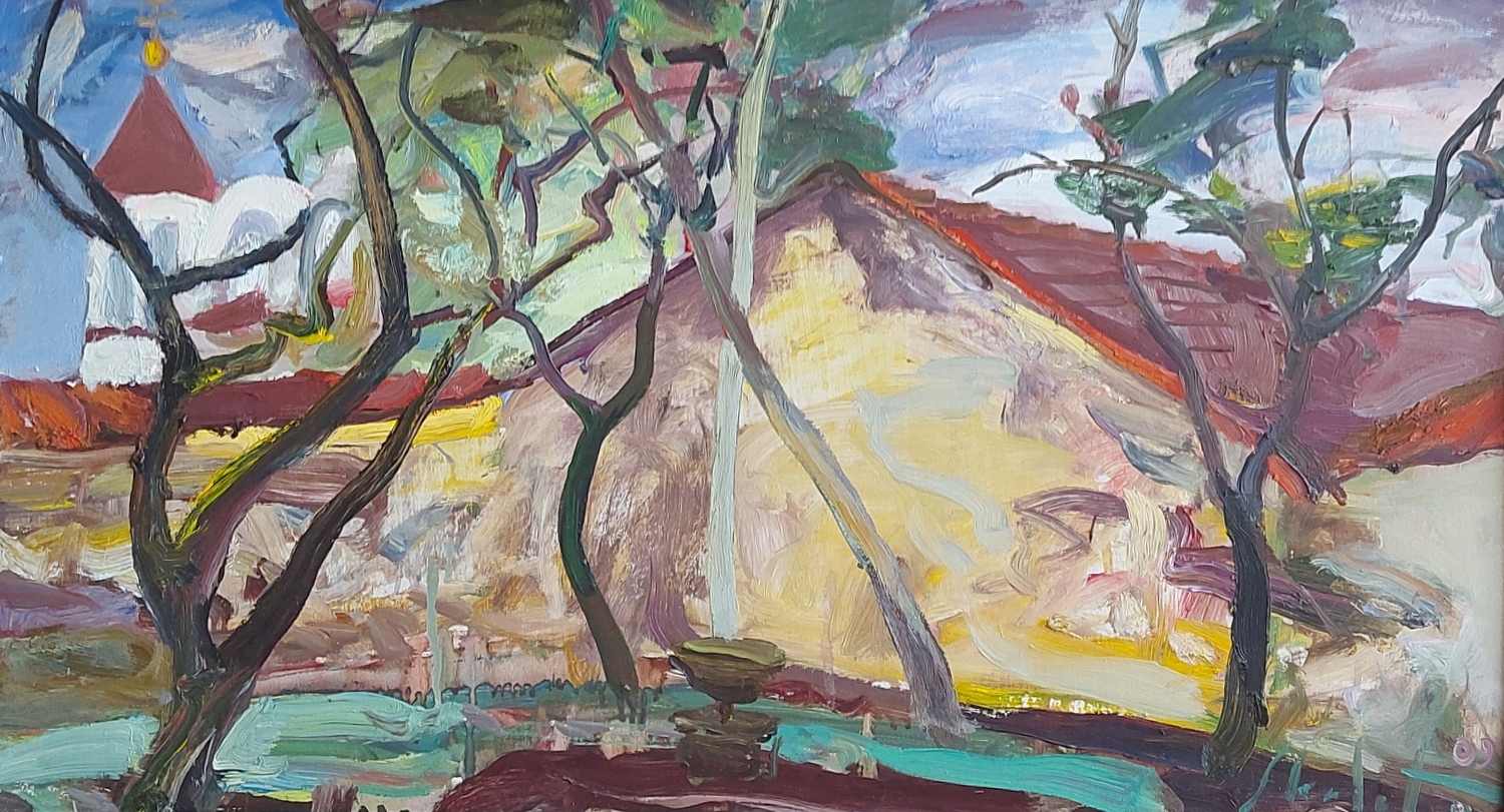 A Yard on Bokšto Street, 2009, cardboard, oil, 39x70 cm