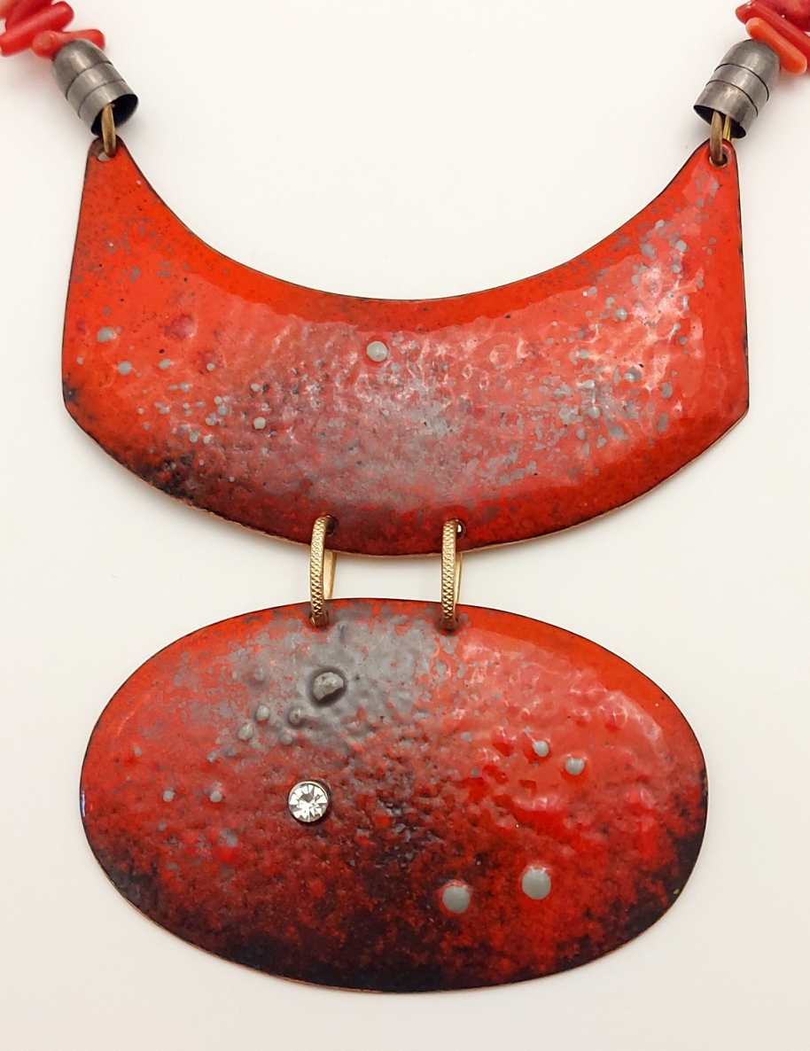 Necklace with corals, copper, enamel, corals, h 28 cm, 1/1