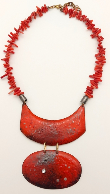 Necklace with corals, copper, enamel, corals, h 28 cm, 1/1