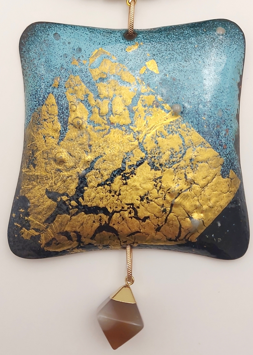 Kolje, copper, enamel, metal, greenish lava, hematite, gilding, agate, 9x9 cm, 1/1