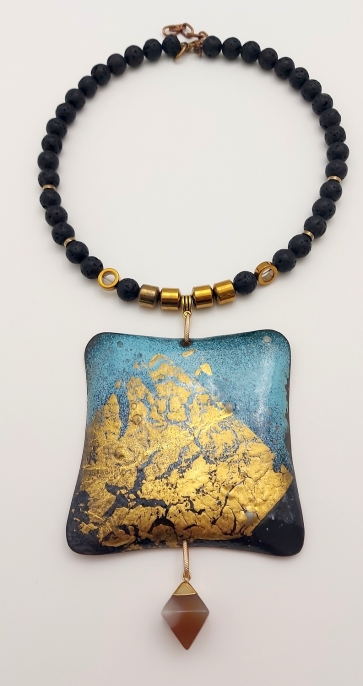 Kolje, copper, enamel, metal, greenish lava, hematite, gilding, agate, 9x9 cm, 1/1