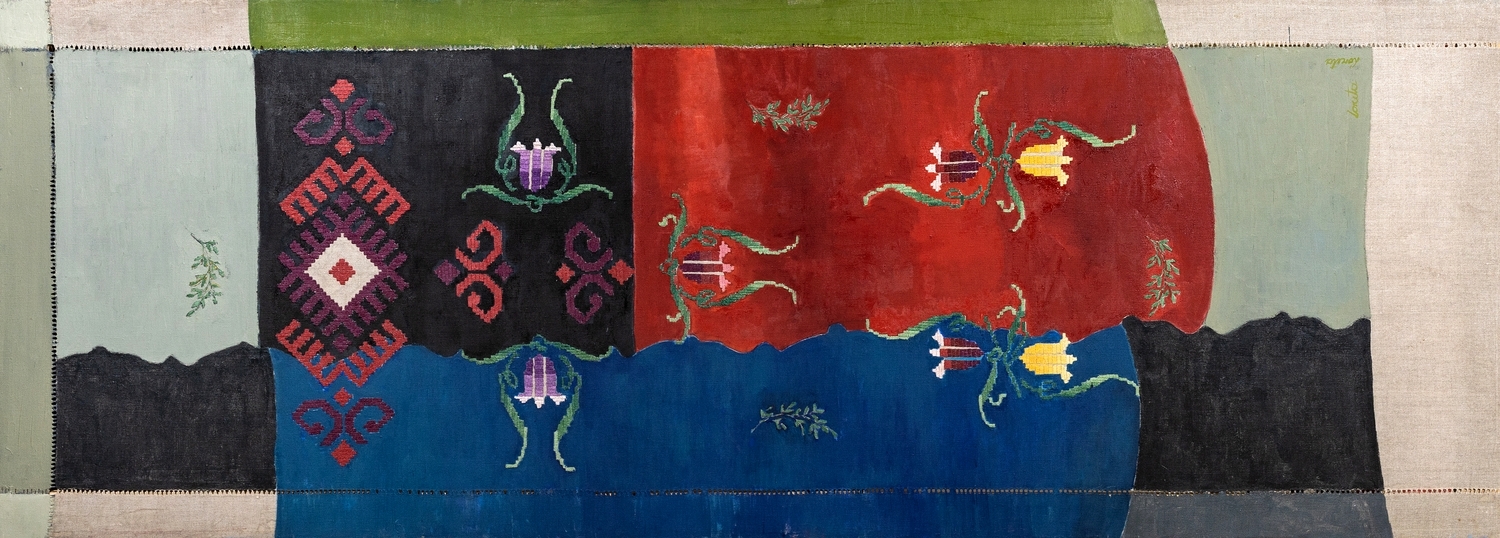 Krantas, 2018, sena siuvinėta drobė, aliejus, 74x201 cm