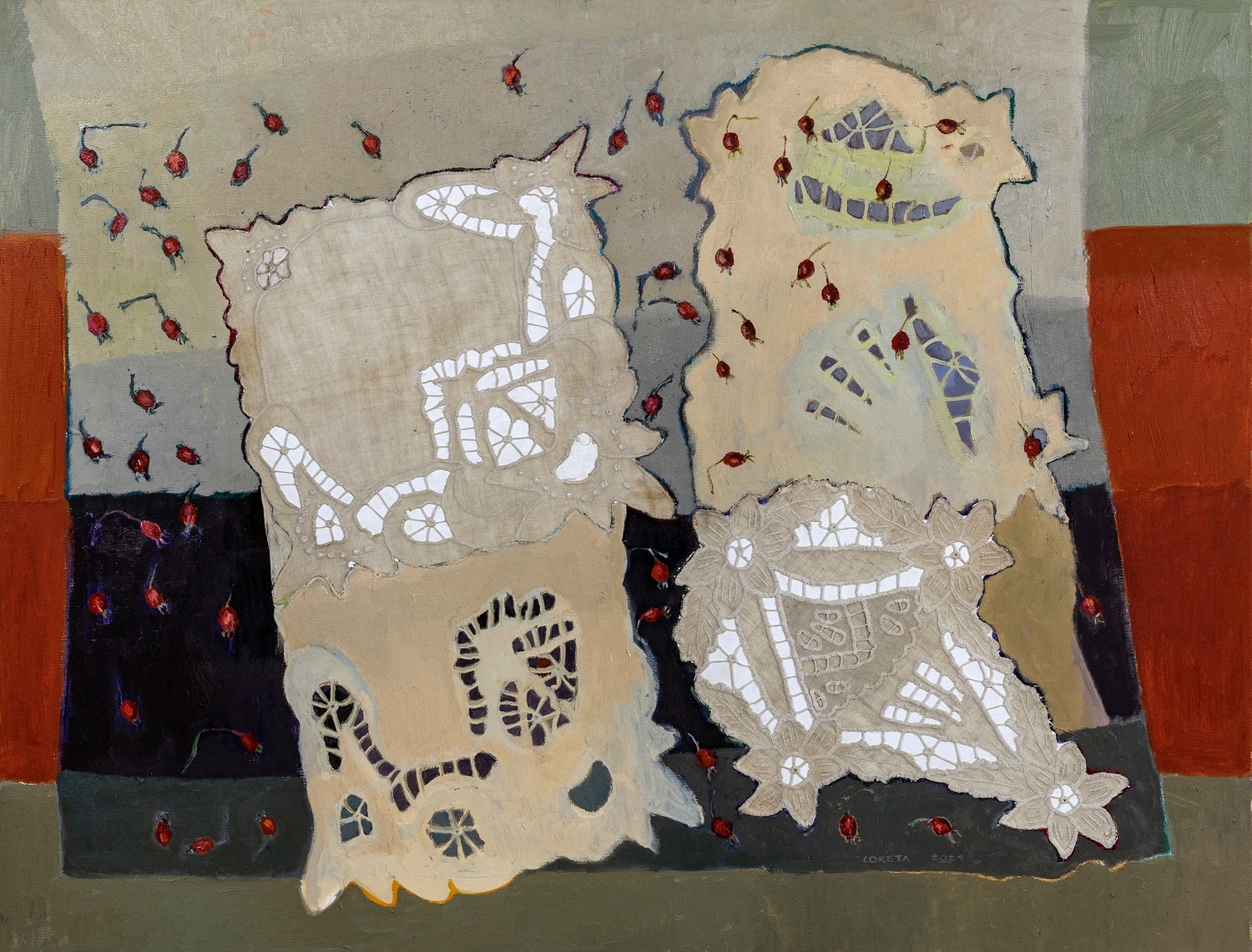 Dviese, 2021, drobė, aliejus, koliažas, 70x90 cm