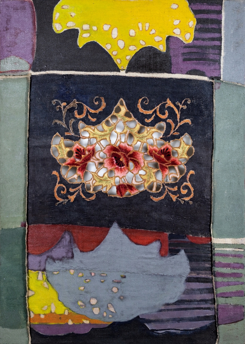 Kas tų rožių raškė, 2018, sena siuvinėta drobė, aliejus 130x 93 cm