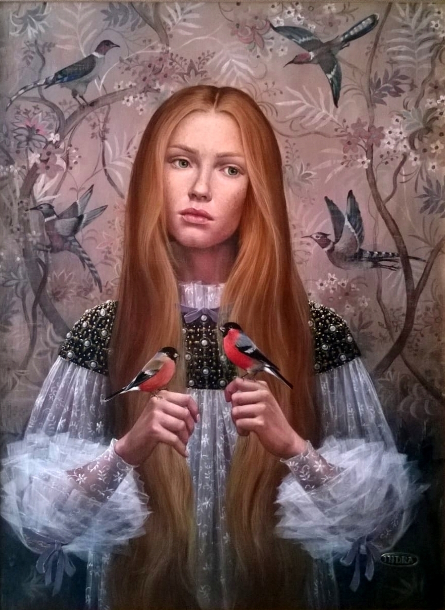 Girl, Birds and Dreams, 2015, canvas, acrylic, 90x70 cm