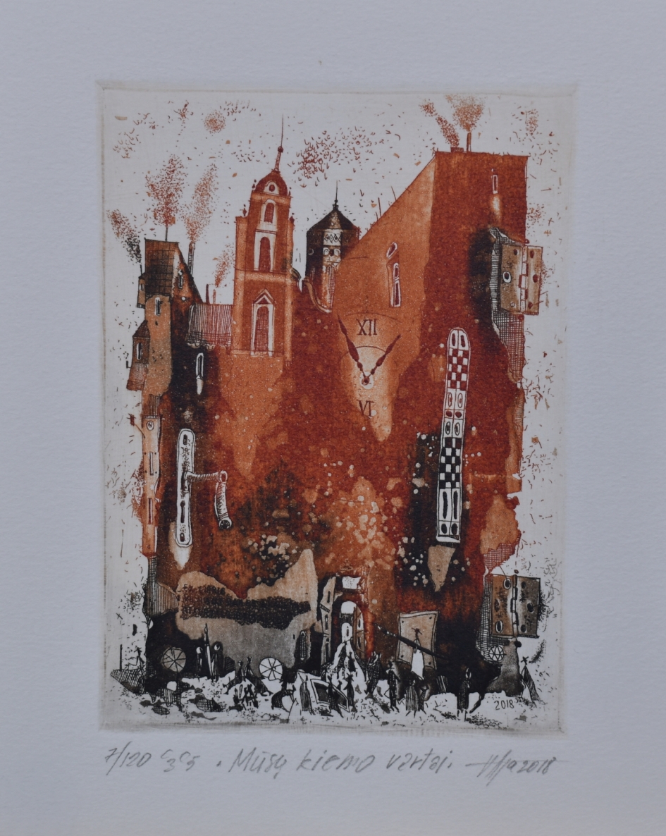 Mūsų kiemo vartai, 2018, ofortas, akvatinta,  15x11 cm(įrėmintas)