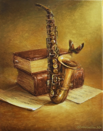 Natiurmortas su saksofonu, 2020, drb.,al., 30x24  cm