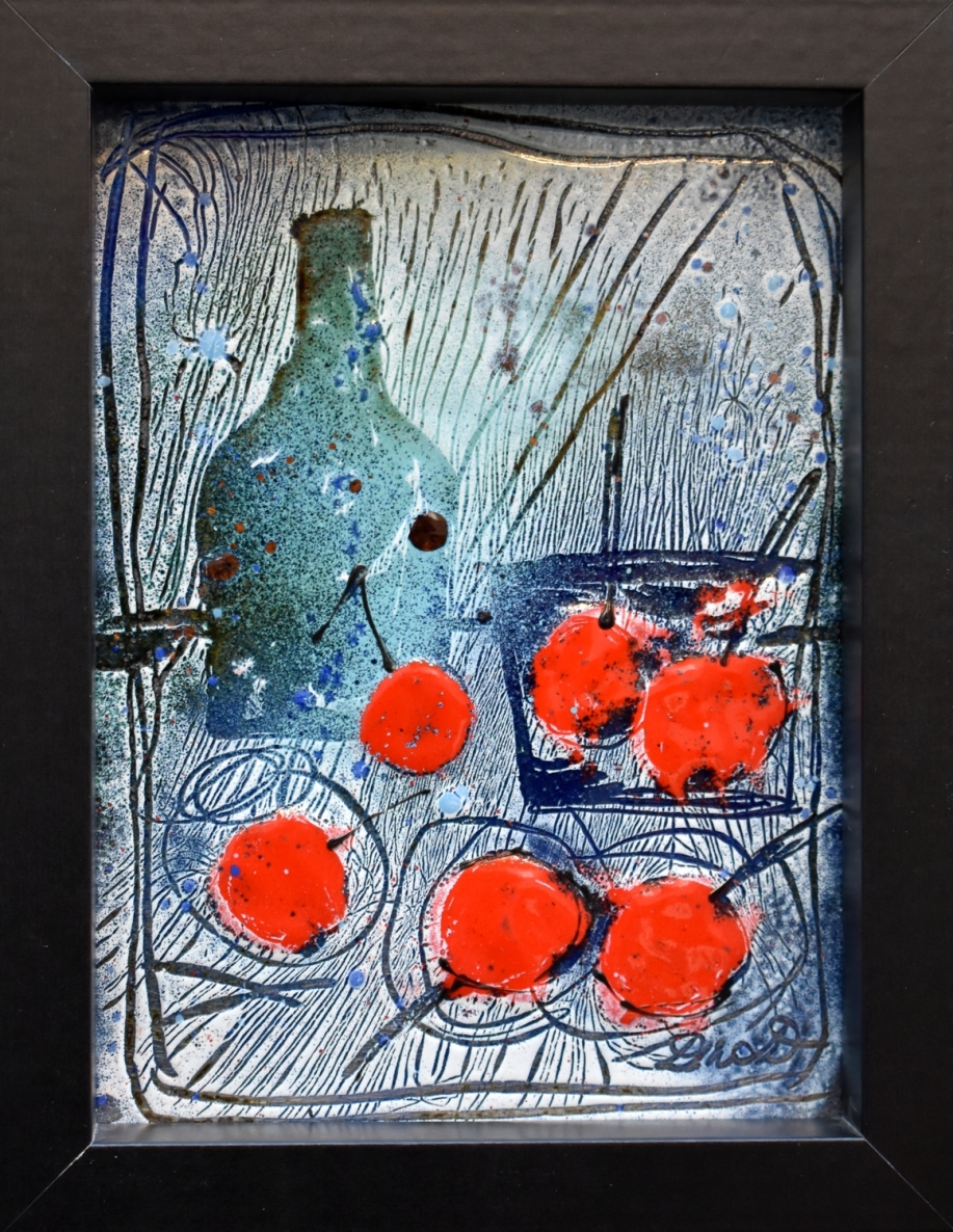 Still Life with Six Cherries and a Bottle, 2024, copper, enamel, 22.5x18 cm, 1/1