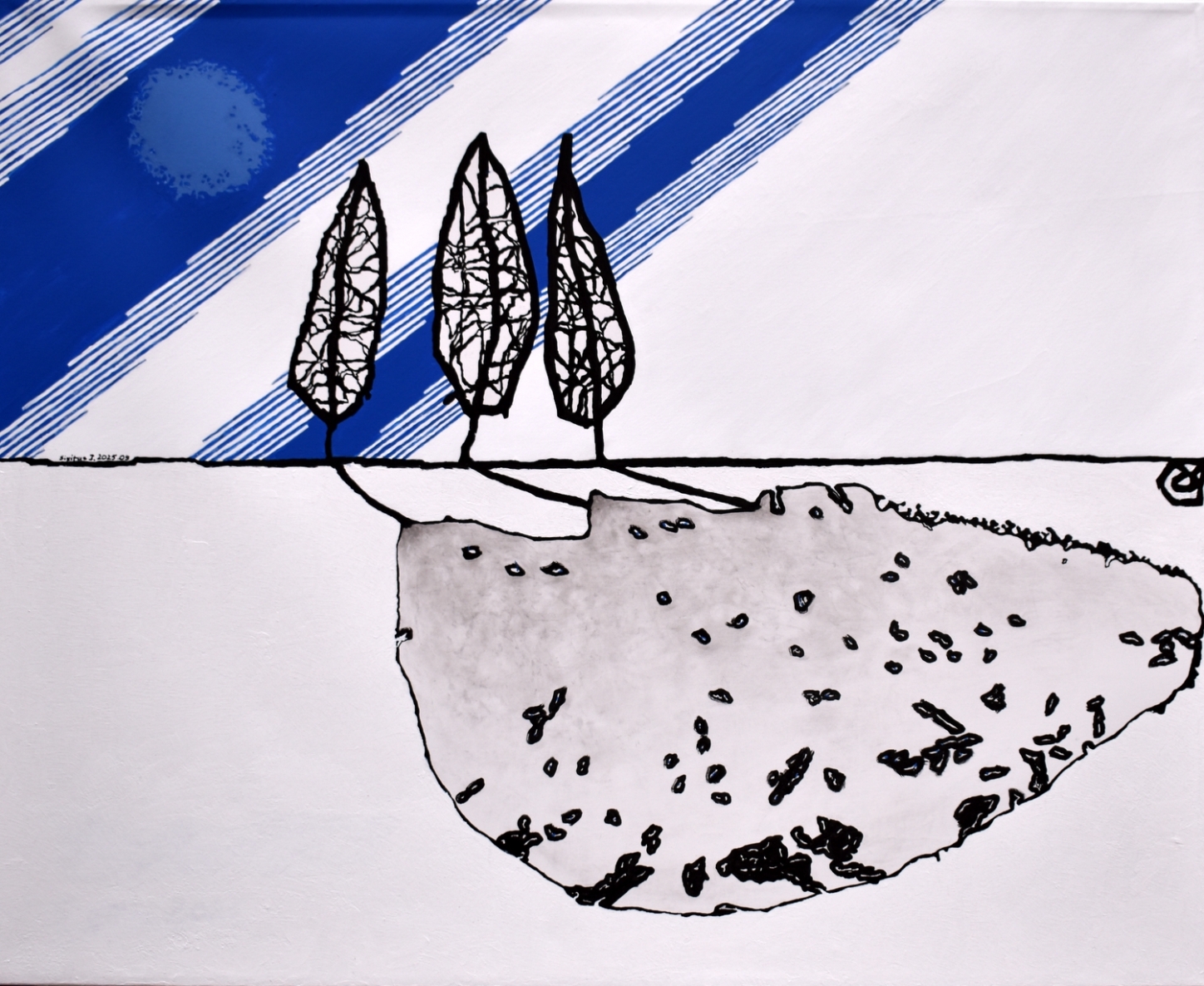 Neaiškių  vertybių šviesoje užaugę medžiai meta konceptualiai neapibrėžtą kultūrinį šešėlį, 2025, drobė, akrilas, 131x161 cm