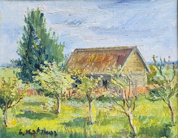 P. C. tėviškėje. Namas, 1956, drobė ant kartono, aliejus, 33x42 cm, rėmas 39x48 cm