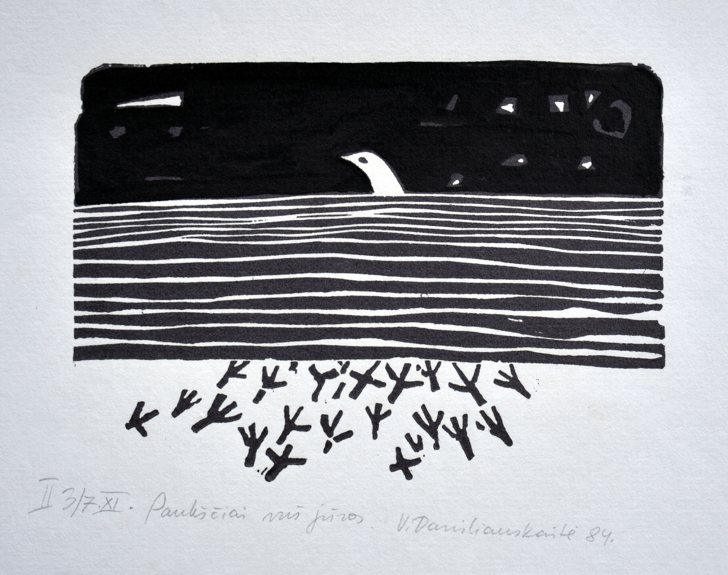 Birds over the Sea, 1984, linocut, 11x14 cm