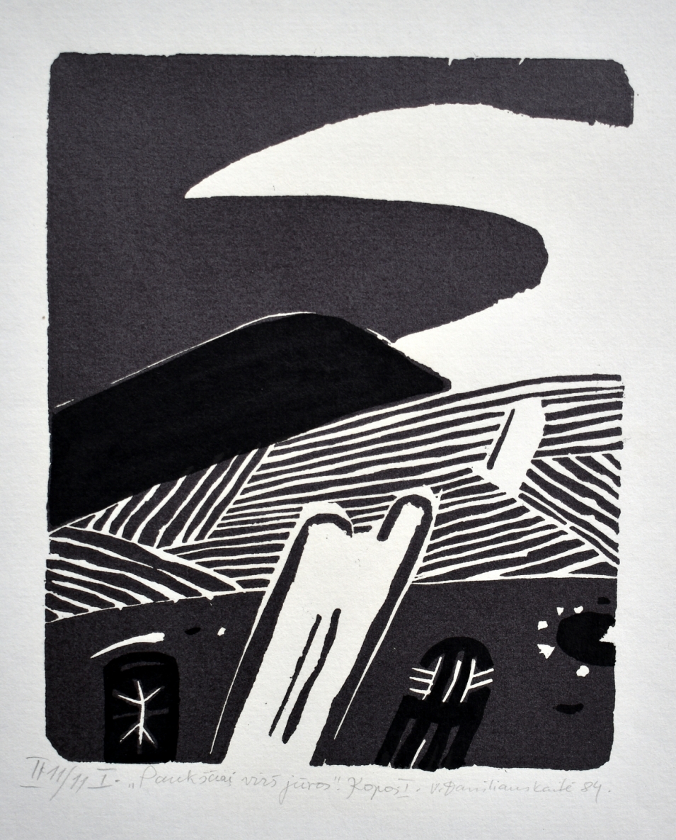 Paukščiai virš jūros. Kopos 1, 1984, lino raižinys, 17x14 cm