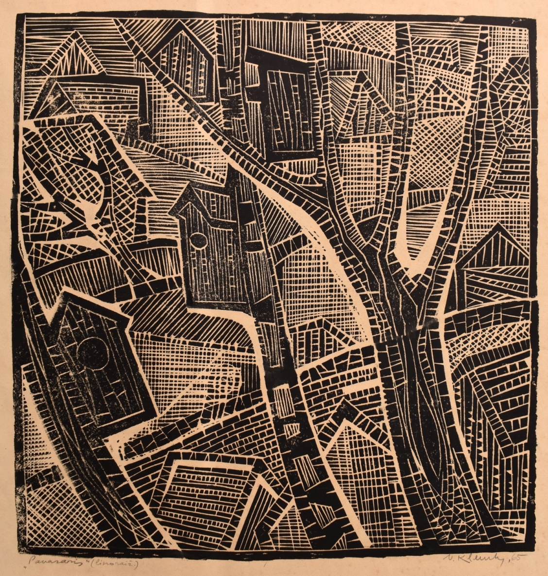 Pavasaris, 1965, lino raižinys, sausa adata, 50x48 cm