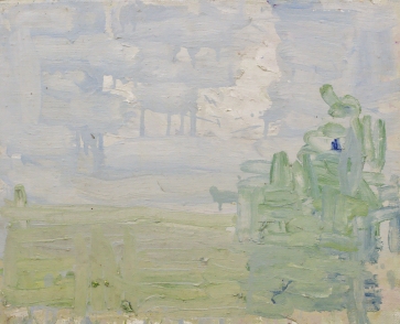 Peizažas su bumerango pavidalu debesimi, 2016, drobė, aliejus, 40x50cm