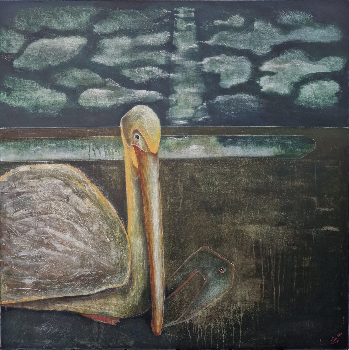 Pelikanas ir jo šešėlis, 2024, drobė, akrilas, 100x100 cm 