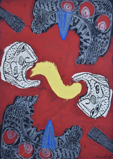 Pokalbis, 1992, akrilas, lino raižinys, 86x61 cm