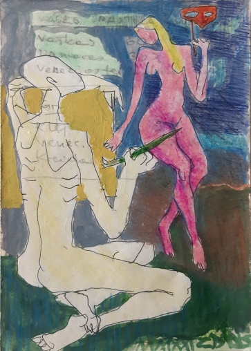 Dailininkas ir modelis, 2021, popierius, mišri technika, 20x14 cm