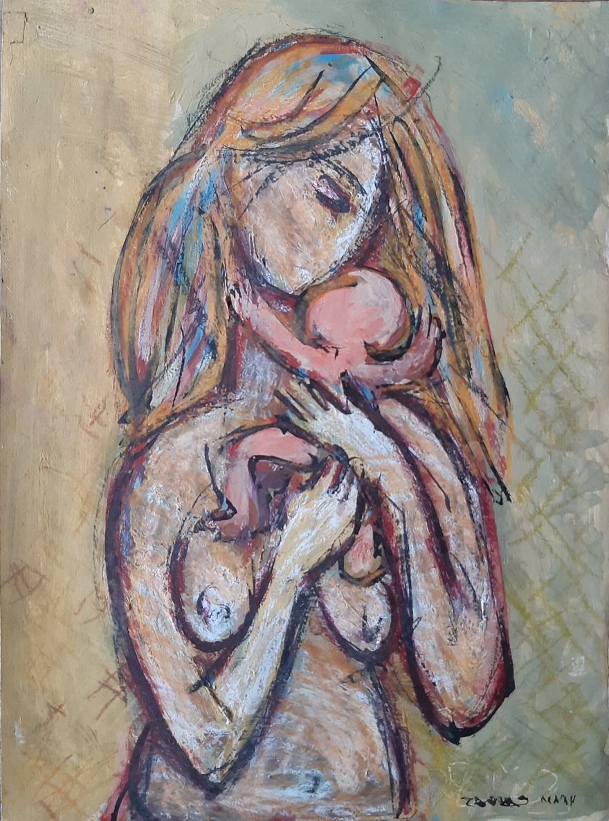 Motina su kūdikiu, 2003, popierius, mišri technika, 36x26,5 cm