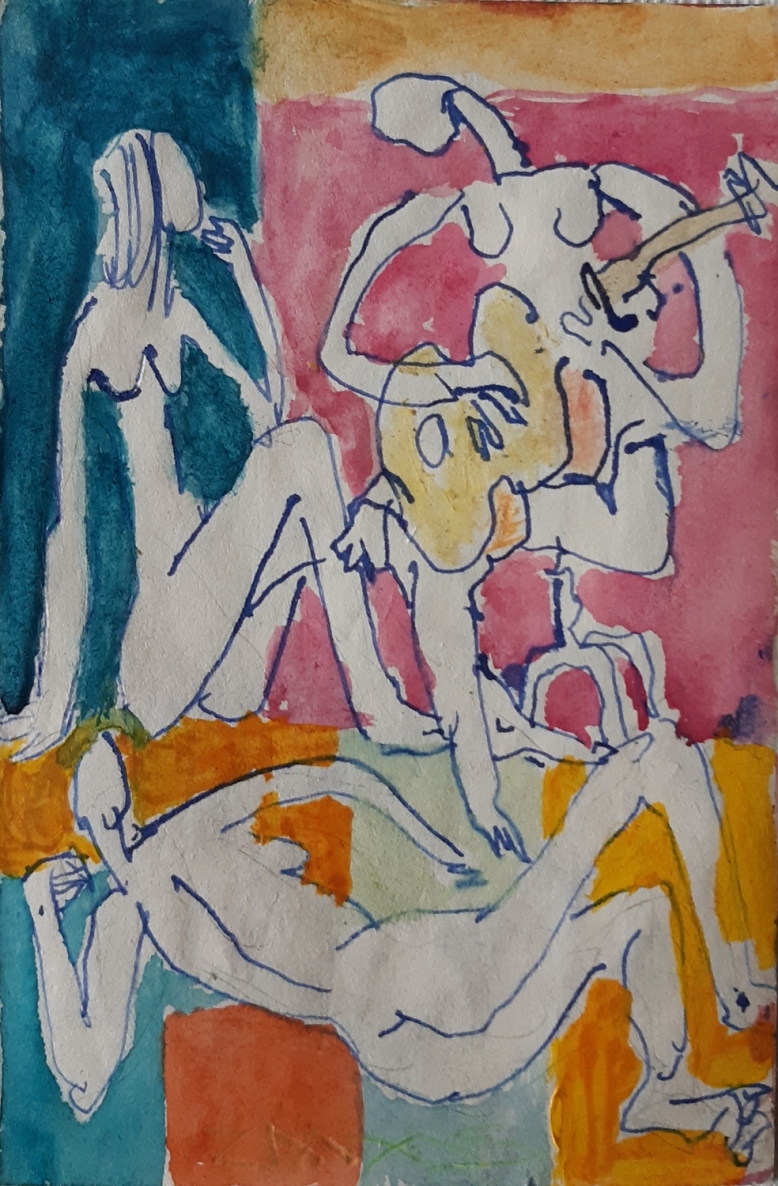 Three Girlfriends, 2020, paper, mixed media, 14x9,5 cm
