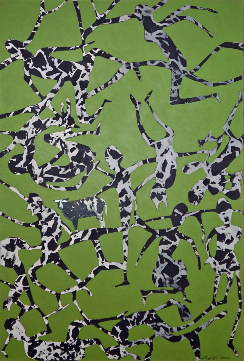 Šokis su kaukėmis, 2019, autorinė technika,  150x100 cm