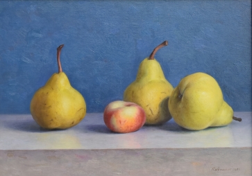 Trys kriaušės, 2023, drobė, aliejus, 30,5x42,50 cm, rėmas 37,5x49,5 cm